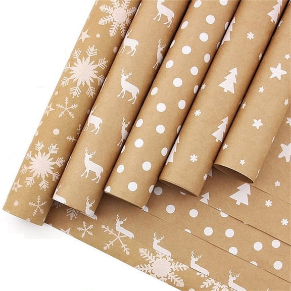 Triani 5Roll 3.28Ft Kraft Wrapping Paper Roll Bundle with White Xmas Tree Design Jumbo Roll Brown Recyclable Gift Wrapping Paper for Holiday Gift Wrap(17Inch*49Ft)