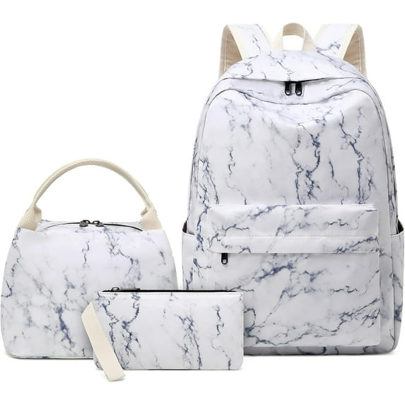 Triani 3-Piece Backpack Set Water Resistant Bookbag with Lunch Box and Pencil Bag (Marble)