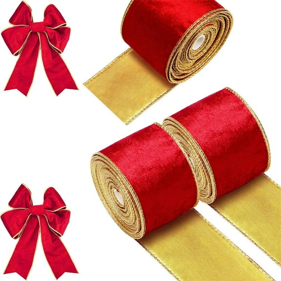 Triani 3 Roll Velvet Wired Ribbons with Gold Edge 2.5 InchTrim Wrapping Ribbon Craft Fabric 5Yard Each Roll Gold Glitter Christmas Ribbon for Christmas Tree Wreaths Xmas Bow