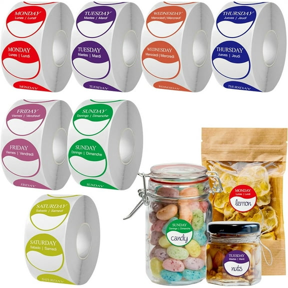 Triani 3500Pcs Day of The Week Stickers 7 Rolls Monday Through Sunday Labels Removable Day Food Date Labels Dots for Home Kitchen