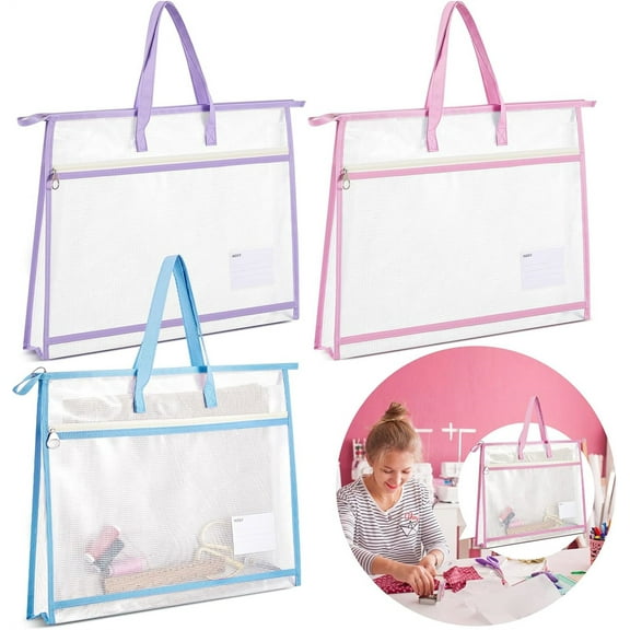 Triani 3Pcs Project Bag for Quilting Sewing Craft Storage 18*3*13 Inch Clear Mesh Sew Project Bag with Handles for Artworks Charts and Teaching Material(Multi-color)