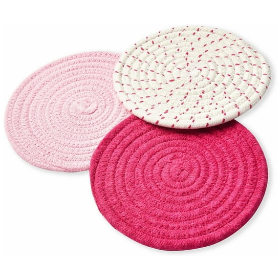 Triani 3Pcs Thick Heat Resistant Large Coaster 7 Inch Cotton Woven Hot Pot Holders Set, Farmhouse Coasters for Cooking and Baking(Pink)
