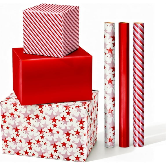 Triani 3Roll Christmas Wrapping Paper Rolls 9.84Ft*16.92 Inch Red Star Stripe Foil Gift Wrapping Paper Roll Fade Resistant Decorative for Christmas Holiday Home