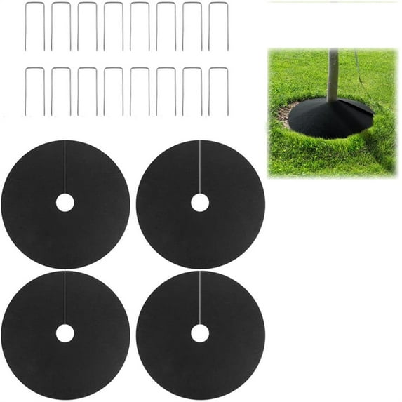 Triani 4 Pack Tree Mulch Ring Weed Control with 16 Garden Stakes Thickened Tree Root Protection Mats Reusable Tree Protector Mat for Landscape Control Plant Root(Black)