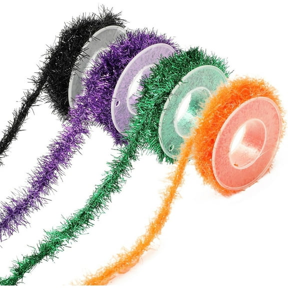 Triani 4 Rolls Halloween Tinsel Garland Ribbon 9.84Ft Metallic Garland Decorations Black Orange Purple Silver Glitter Tinsel Garlands for Home DIY Party Decoration(Halloween Color)