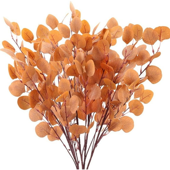 Triani 4Pcs Artificial Eucalyptus Branches Faux Silk Eucalyptus Stems Orange Silver Dollar Eucalyptus Plant for Home Floral Arrangement Thanksgiving Autumn Festival Decor