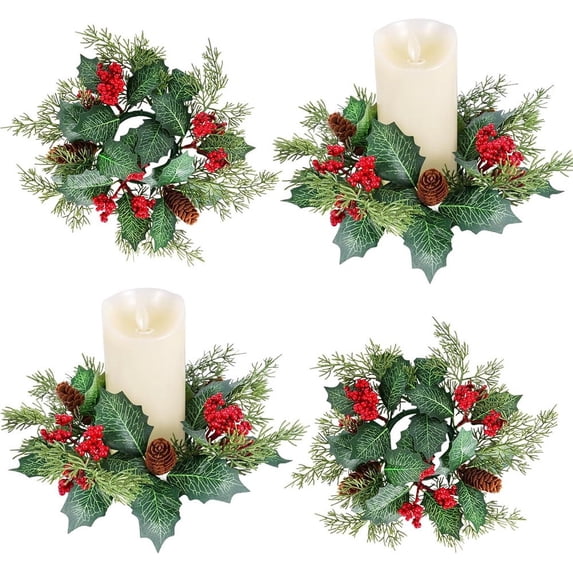 Triani 4Pcs Christmas Candle Holder Wreath Artificial Maple Leaves and Berries Candle Rings Greenery Pinecones Table Centerpiece for Festive Table Centerpiece Winter Holiday