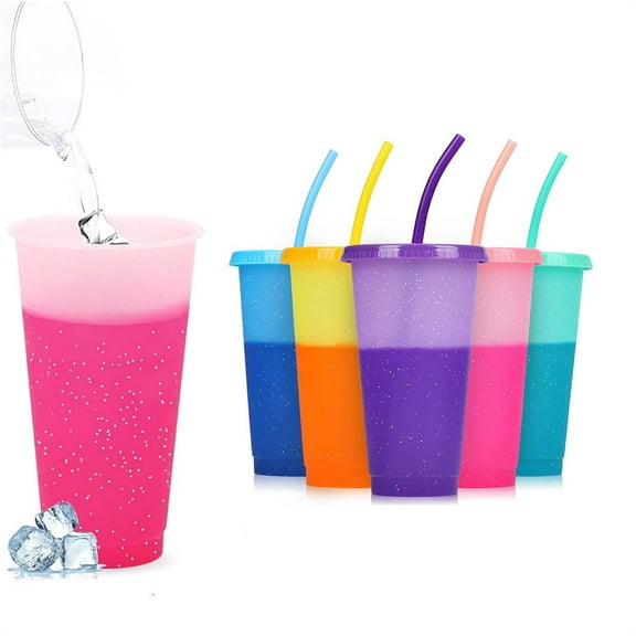 Triani 5 Pack 24Oz Plastic Tumblers with Lids and Straw â Color Changing Cups Reusable Coffee Cups with Lids for Smoothies, Iced Tea, Coffee, Drinks, Parties, for Kids and Adultsï¼Multicolour