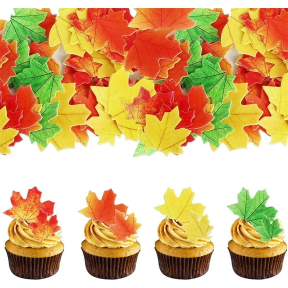 Triani 50Pcs Edible Fall Leaves Cupcake Toppers Wafer Paper Maple Leaves Cake Toppers For your Thanksgiving Party Cake Toppers Decoration(Mix Color)