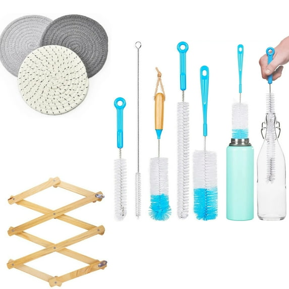 Triani 5Pcs Bottle Cleaning Brush Set -3Pcs Heat Resistant Trivet Mat Set -Accordion Style Wood Expandable Rack Hat