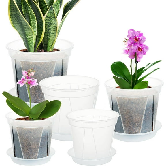 Triani 5Pcs Clear Plastic Nursery Pots with Drainage Holes and Saucers 3.9/4.7/5.5/5.9/6.3 Inch Transparent Plastic Pots for Plants for Indoor Plants Flowers Garden