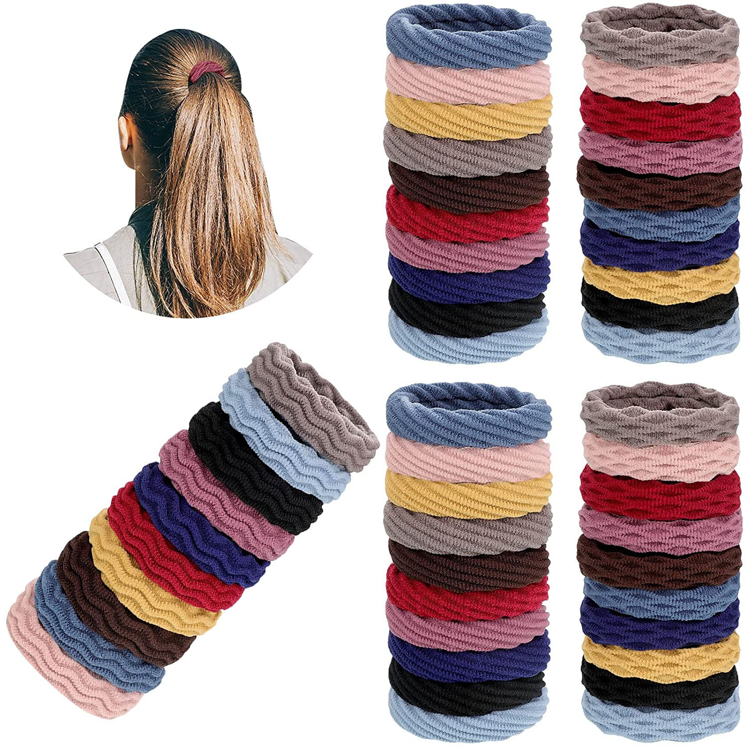 Triani 60Pcs Hair Ties for Thick Hair, Hair Ties No Crease, Seamless Cotton Hair Bands for Women, Simply Hair Tie Ponytail Holders, Hair Ties for Thick Heavy or Curly Hair (Multicolor) - image 1 of 7
