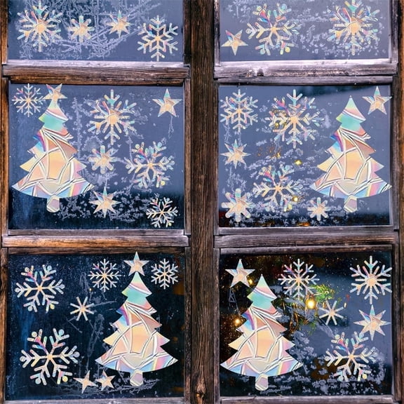 Triani 60Pcs Snowflake Prism Window Stickers Christmas Window Clings Winter Decoration Anti-Collision Window Stickers Protect Birds Non-Adhesive Prismatic Window Stickers