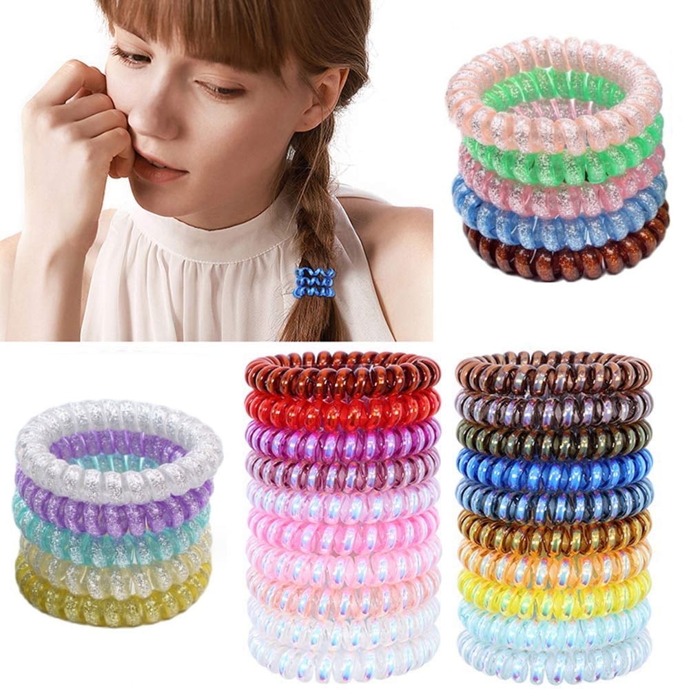 Triani 60Pcs helicalHair Ties,Hair Ties Waterproof Hair Accessories for Women Girls,Phone Cord Ponytail Holders Hair Coils Elastics for Girls Kids Teens All Hair Type(Random Color)