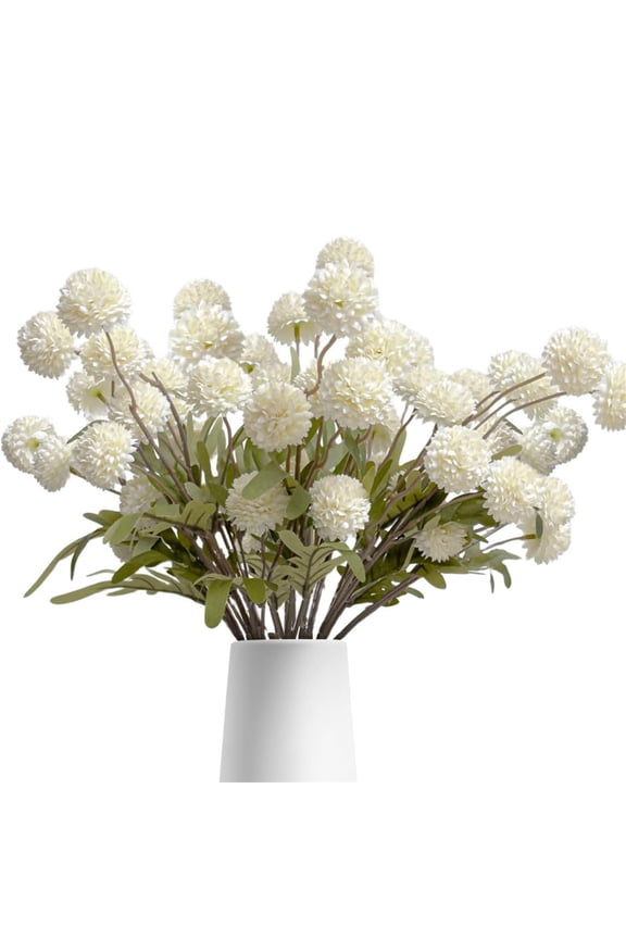 6Pcs Artificial Faux Flowers Pompon Mum Fake Kiku Flowers Bulk Fake Filler Flowers Flower Ball for DIY Centerpieces Arrangement Wedding Party(White)