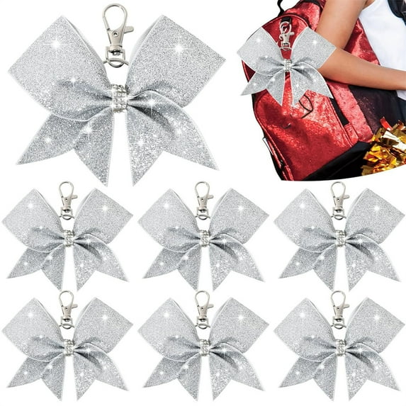 Triani 6Pcs Cheerleader Bow Keychain Rhinestones Sequin Bow School Senior Cheer Bow Accessories Lanyard Keychain Girls Gift(Silver)