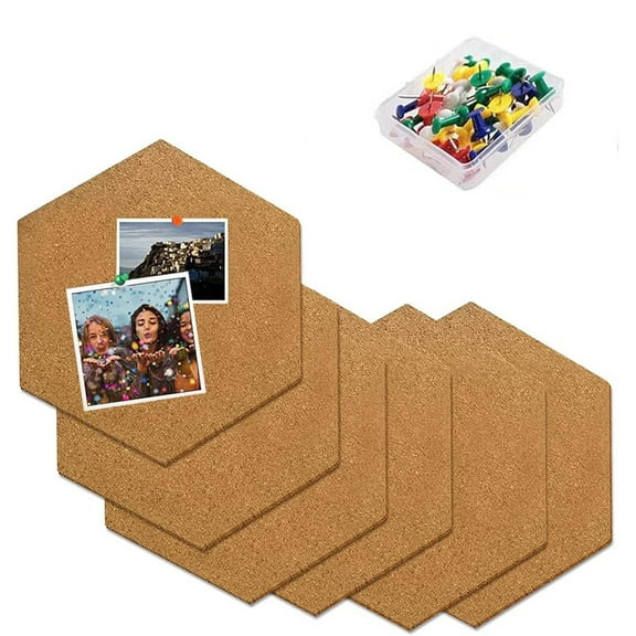 Triani 6Pcs Hexagon Cork Board Tiles Bulletin Board Self Adhesive Cork Board Tiles for Walls 7.8 x 6.8" Decorative Display Boards with 100Pcs Push Pins Mini Wall for Home School Office