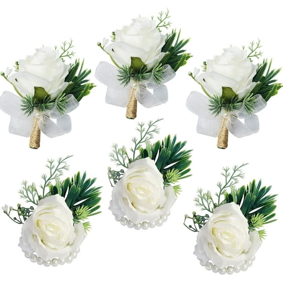 Triani 6Pcs Wrist Corsage Boutonniere Set Artificial White Rose Corsage Set Handmade Bride Wristband Men Boutonniere for Groom Wedding Party Prom Suit (White)
