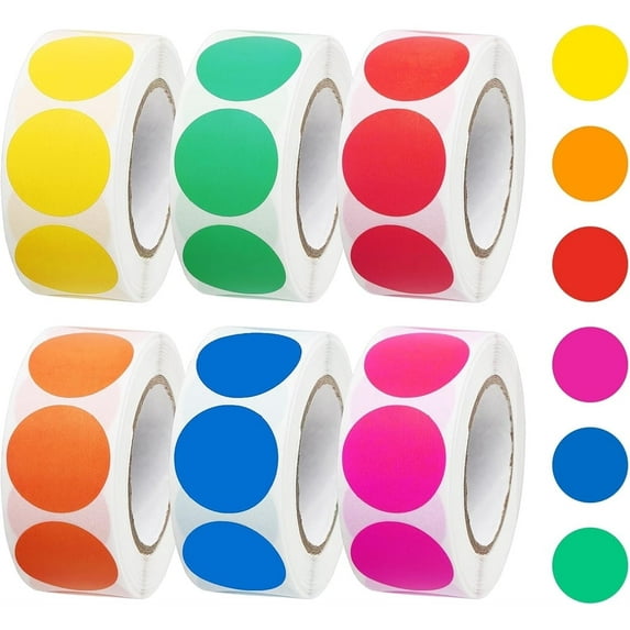 Triani 6Roll Colored Dot Stickers 1" in Diameter Self-Adhesive Stickers for Inventory Organize Solid Colors Circle Stickers Includes Bright Yellow Green Red Pink Orange Blue(500 Labels/Roll)