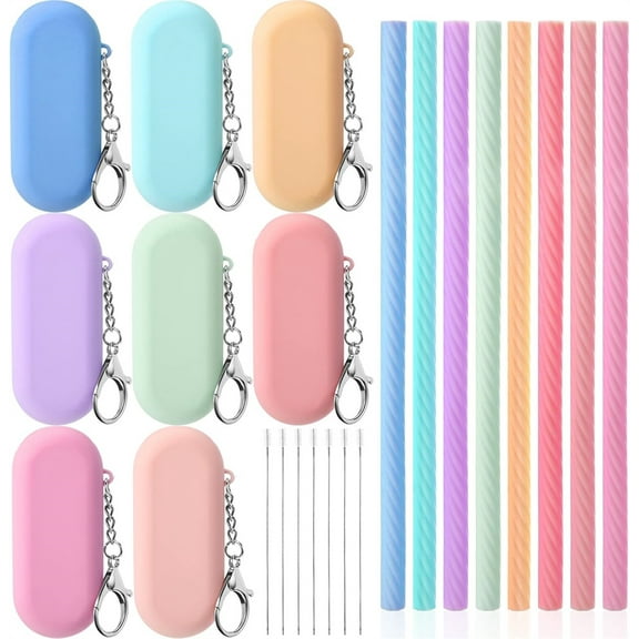 Triani 8Set Silicone Straws with Case Reusable Straws 7.83" Foldable Portable Drinking Straw Set With Cleaning Brush and Keychain Drinking Cold or Hot Straws(8 Color)