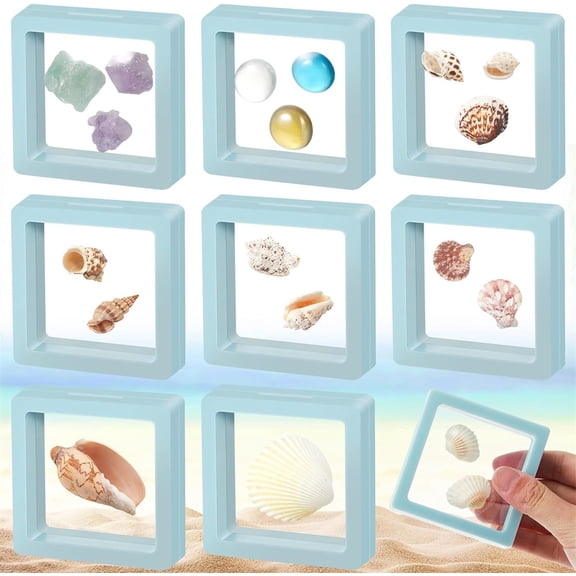Triani 9Pcs Seashell Holder 3D Floating Display Box for Storage Display Shelf Room Coastal Decor 2.7 x 2.7 Inches Transparent Display Box Stackable for Friends Family Birthday Gift(Blue)