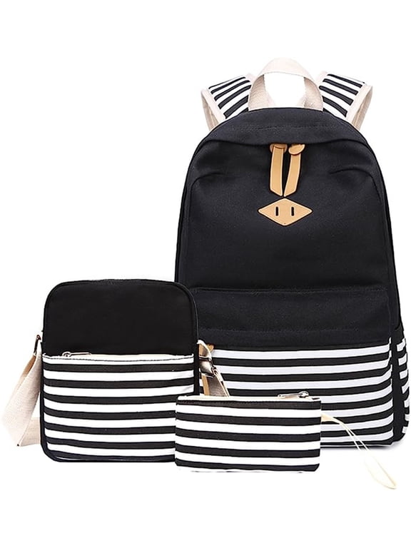 Triani Causal Canvas Stripe Backpack Cute Teen Backpacks For Girls School Bag (Black)