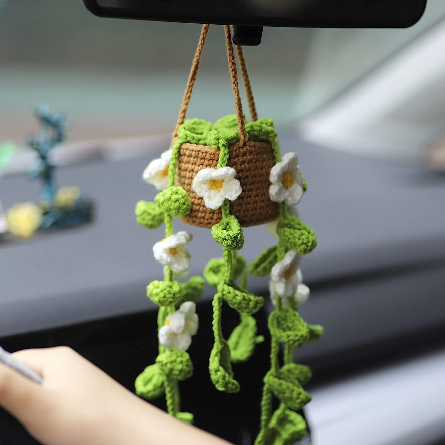 Triani Cute Crochet Hanging Orchid Potted Plants Crochet Car