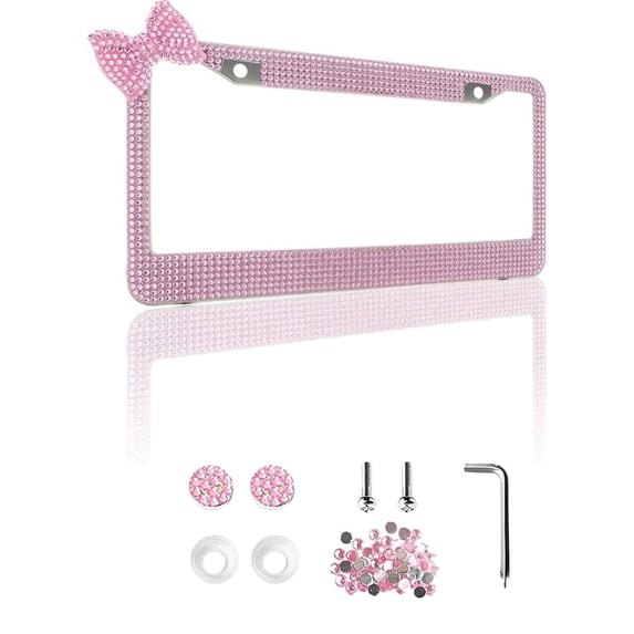 Triani Glitter Rhinestones Crystal Sparkly Pink License Plate Frames Cute Car Accessories Stainless Steel Crystal Car Plate Covers for Women(Pink)