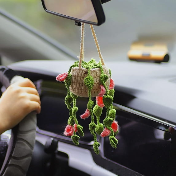 Triani Handmade Green Car Hanging Ornament for Car Rearview Mirror Decor Cute Potted Plants Crochet Car Mirror Hanging Accessories for Women Men Knitted Rear View Mirror Car Accessories(Pink B)