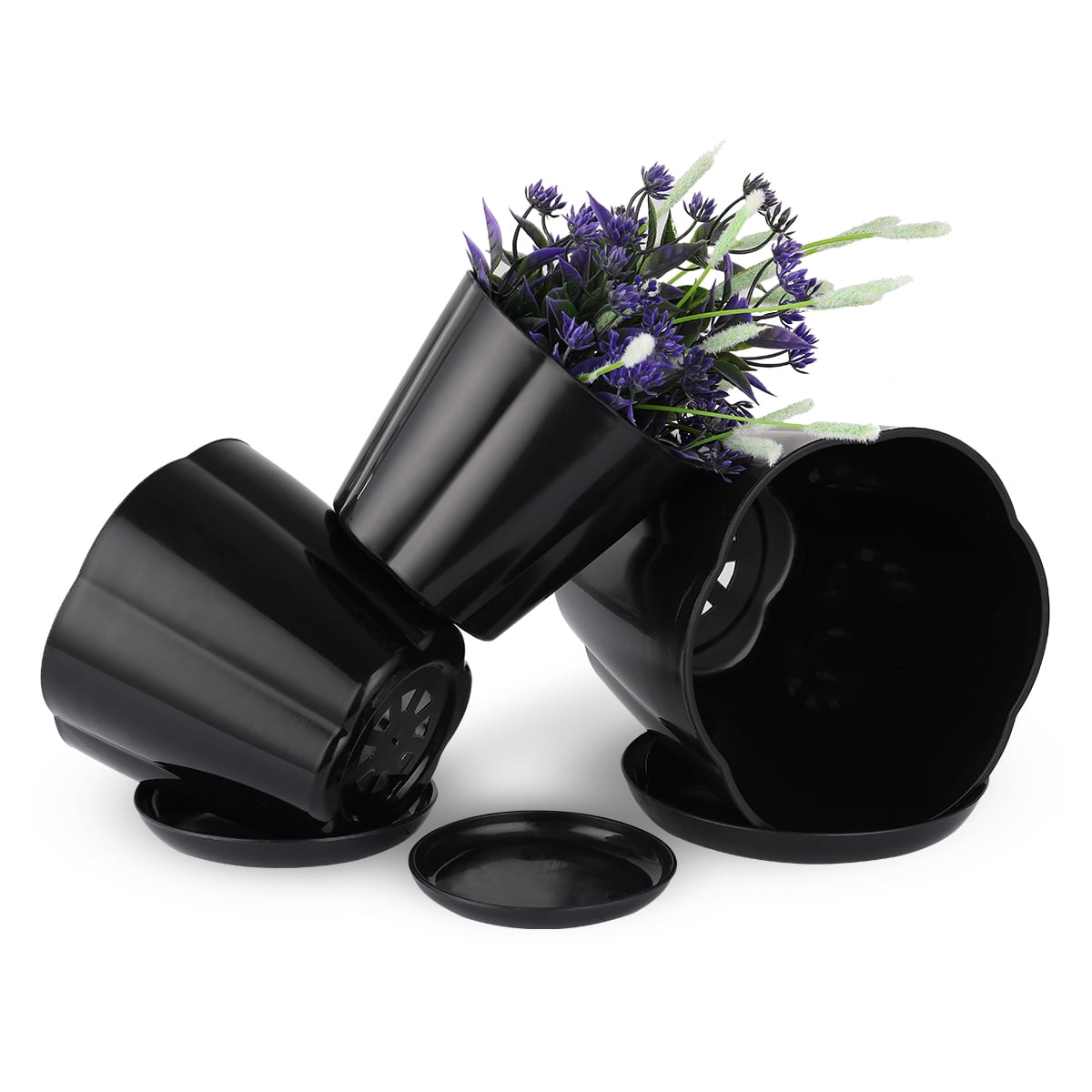Triani 3Pcs Plastic Pots for Plants Set Plant Pots with Multi Drainage Holes and Saucers 6.41*5.19*4.4 inch Nursery Pots Plastic Planter for All House Plants and Flowers (Black)