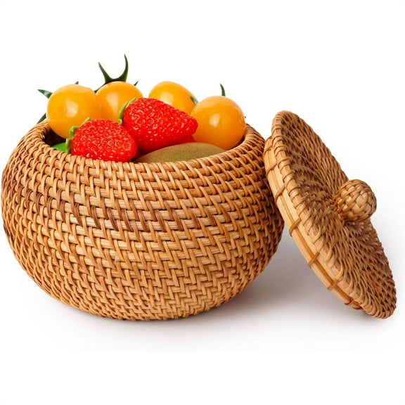 Triani Round Rattan Basket Box Multi-Purpose Wicker Bowl Decorative Organizer with Lid Handmade Natural Woven Storage Basket Picnic Food Fruit Storage