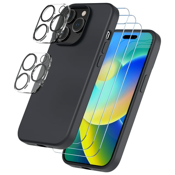 Trianium Phone Protection Bundle, 3 Pack Screen Protector (with Frame), 2 Pack Camera Lens Protector, 1 Silicone Case Midnight for iPhone 12 Pro Max