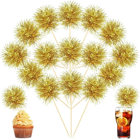 Trianu 100 Pcs Gold Foil Firework Cupcake Toppers Sparkle Tinsel Cake Toppers Cake Decoration Cocktail Fruit Toothpick for Birthday Wedding Graduation Party