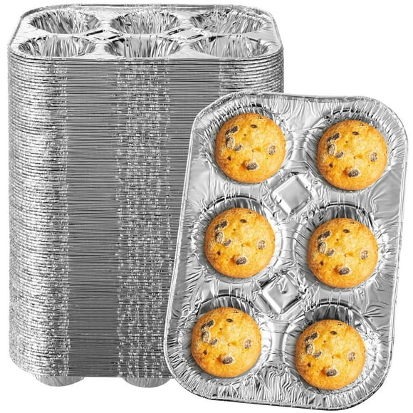 Trianu 100 Pcs Luminum Foil Muffin Pans 6 Cup Cupcake Pans Disposable Muffin Tin Foil Muffin Tray for Baking Mini Pie Cake Cupcake Quiches Pizza Bakery Kitchen Restaurant, 11 x 748 inch, Oven Safe