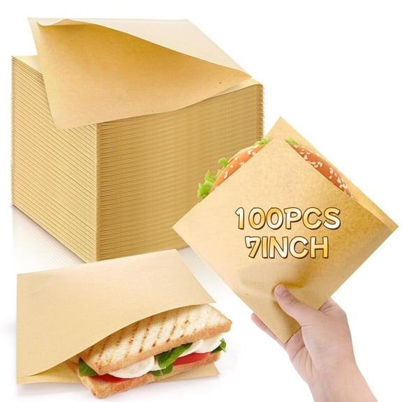 Trianu 100Pcs Paper Sandwich Bags, 7" Double Open Snack Bag, Grease Resistant Pretzel Bag for Food Stand, Carnival, Movie Theater, Restaurant, Catering (Brown)