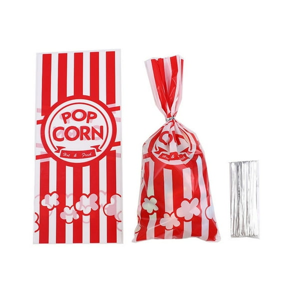 Trianu 100Pcs Popcorn Bags for Party, Popcorn Treat Bags Set, Cellophane Candy Bags Red White Stripe Cookie Snacks Bags with 100Pcs Twist Ties for Circus Carnival Birthday Party Favor