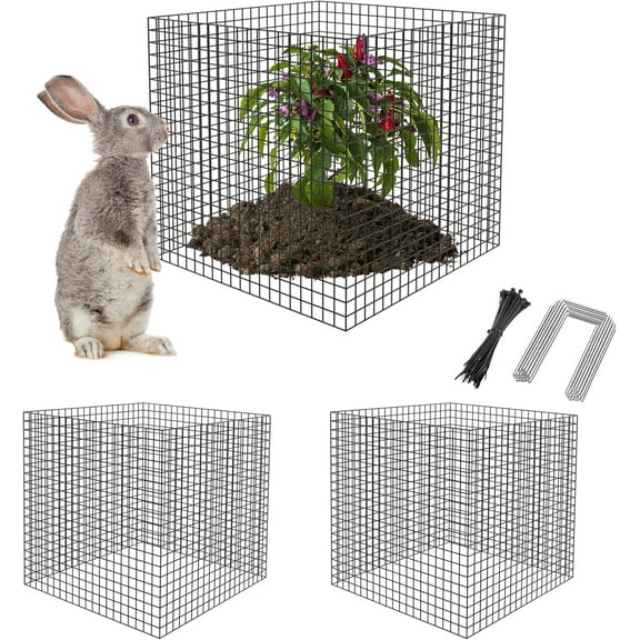 Trianu 12 Pcs DIY Metal Plant Protectors from Deer, 11.8x11.8inch Garden Fencing Animal Barrier, Mesh Plant Cage Chicken Wire Cloche for Plants with 12 Stakes and 50 Nylon Cables (Black)