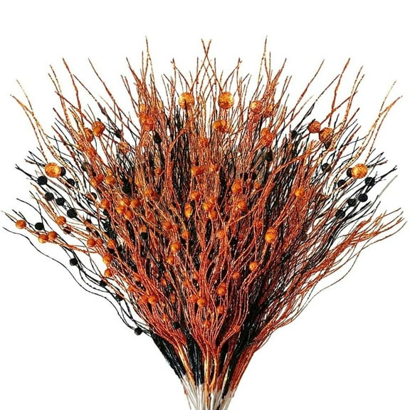 Trianu 12Pcs Artificial Glitter Berry Stem, 16.9inch Thanksgiving Floral Picks, Fall Berry Branches Picks for Vase Centerpieces Holiday Decorations Ornaments(Black, Orange)