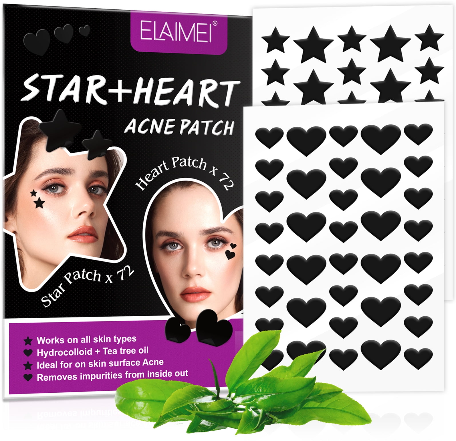 Trianu 144 Count Acne Patch Pimple Patch, Black Star & Heart Shaped