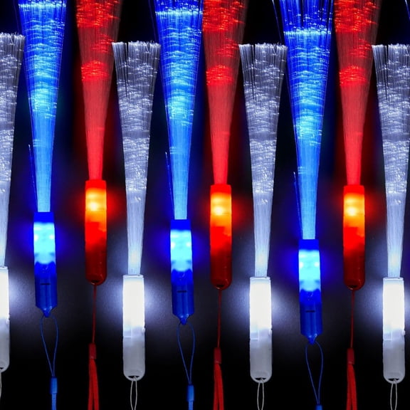 Trianu 15Pcs Fiber Optic Wands Glow Fiber Wands Bulk LED Light Up Wands with 3 Flashing Modes LED Flashing Sticks for July 4th Halloween Christmas Hawaii Carnival Wedding Birthday, Red Blue White