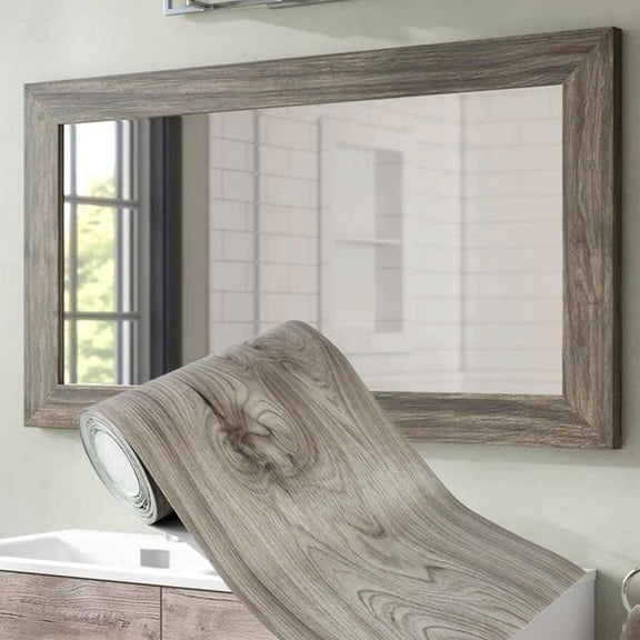 Trianu 16.4ft/5m Border Peel &Stick Wood Grain Wallpaper Border Removable Waterproof Bathroom Mirror Frame Sticker (Grey)