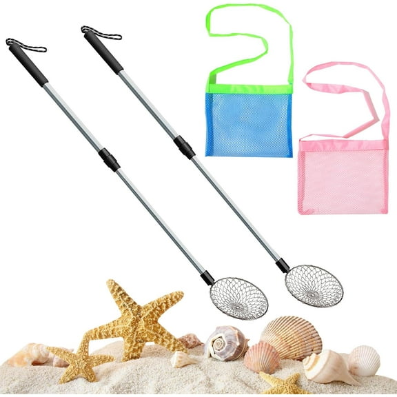 Trianu 2 Pack Beach Sand Sifter with 2 Pcs Mesh Beach Bag, Sand Scoops, Shell Scooper for Beach, Beachcombing & Rock Hunting