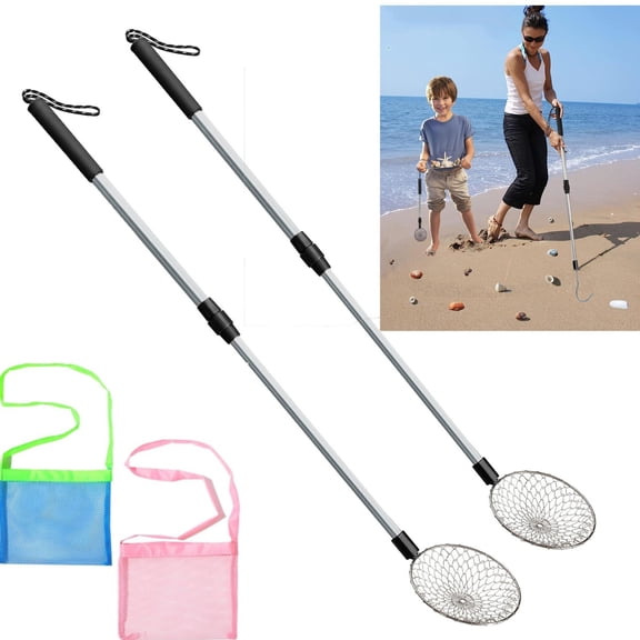 Trianu 2 Pcs Beach Sand Sifter Sand Scoop Shell Scooper for Beach- Beach Scoop Shovel and Sifter Tool for Picking Up Shells Beachcombing & Rock Hunting with 2Pcs Beach Shell Bags