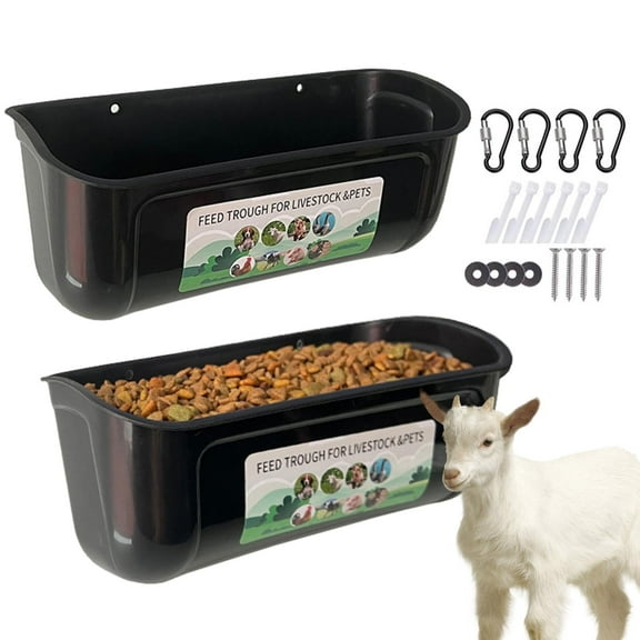 Trianu 2 Pcs Goat Feeder, Hanging Chicken Feeder, Fence Feed Trough for Deer Sheep Duck Poultry Feeding Container Waterer Bucket with Clips for Livestock, Black