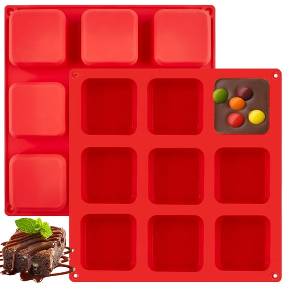 Trianu 2 Pcs Silicone Brownie Pan 9-Cavity Non-stick Square Baking Pan, Chocolate Candy Mold for Brownie Bites, Cornbread, Muffin and Cakes, BPA Free and Dishwasher Safe, Red