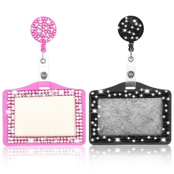 Trianu 2 Pcs Sparkling ID Badge Holder Horizontal Badge Holder Retractable Clip Rhinestone Name Badge Holders Cute ID Badge Holder for Nurse, Teacher, Student, Doctor (Black+Pink)