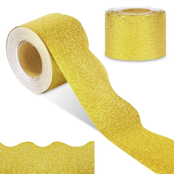 Trianu 2 Rolls Bulletin Board Borders, 2.24in x 32ft Scalloped Bulletin Board Trim Borders,Glitter Bulletin Board Borders for School, Classroom Decoration Strips (Gold)