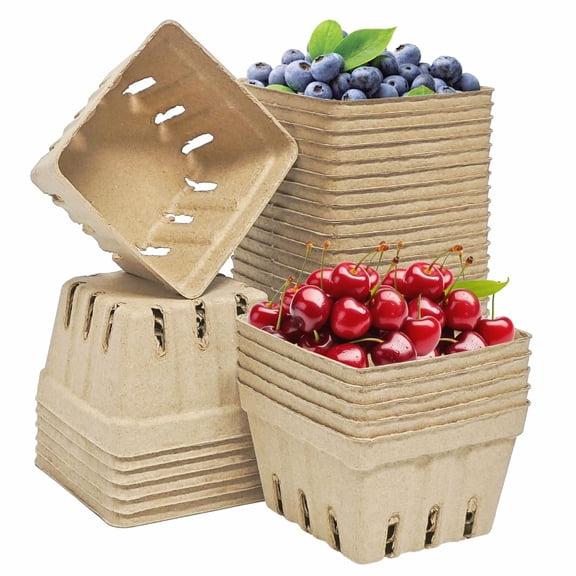 Trianu 20 Pack Natural Pulp Fiber Berry Basket, 4.3x4.3x2.8in Small Strawberry Basket Molded Berry Baskets Produce Vented Container for Blueberry Raspberry Egg Vegetable