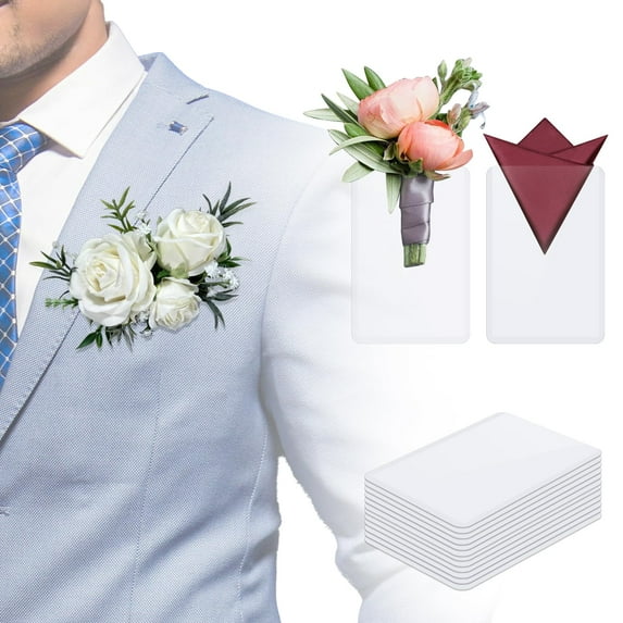 Trianu 20 Pcs Pocket Boutonniere Plastic Sleeve for Groom Groomsmen Wedding Boutonniere Pocket Square No Lapel Pin Required, Flower Excluded