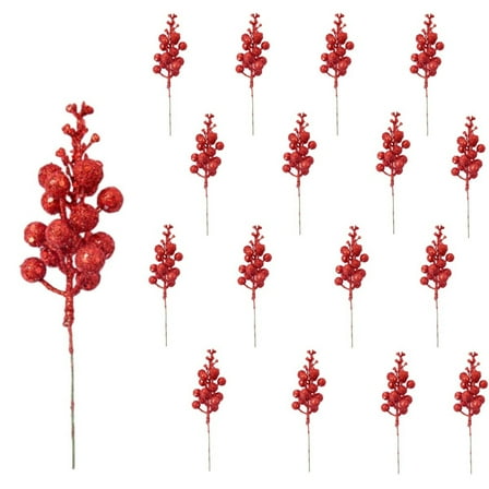 Trianu 20Pcs Christmas Glittered Berries Stems, 7.87" Red Artificial Berries Sprays Branches Floral Pick for Christmas Tree Ornament, DIY Xmas Wreath, Crafts, Home Decor